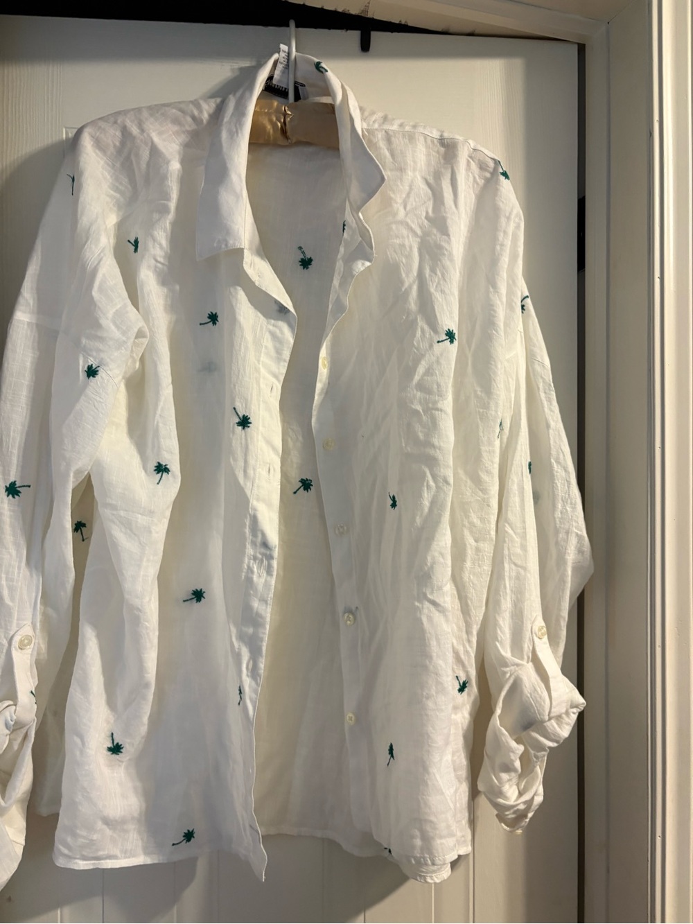 Forever 21 White Button-Down Shirt with Green Embroidery